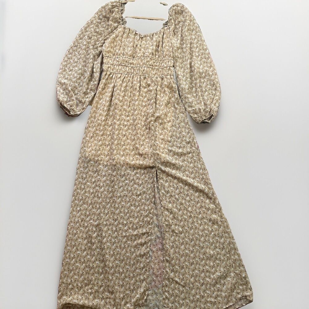 Promesa Dancing Blooms Sand Smocked Floral Maxi Peasant Dress Brown Womens Small